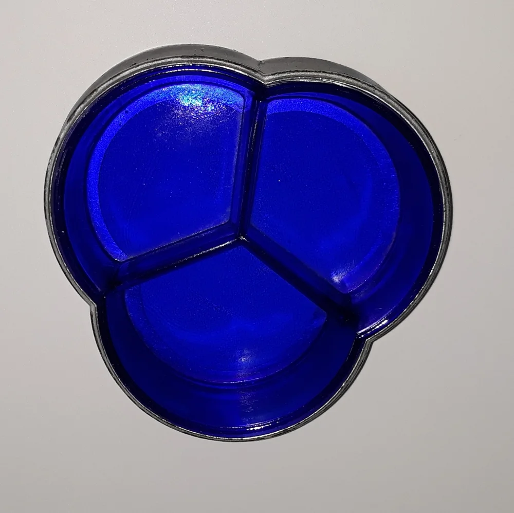 Metal Cobalt Blue Glass Divided Relish Dish Japan